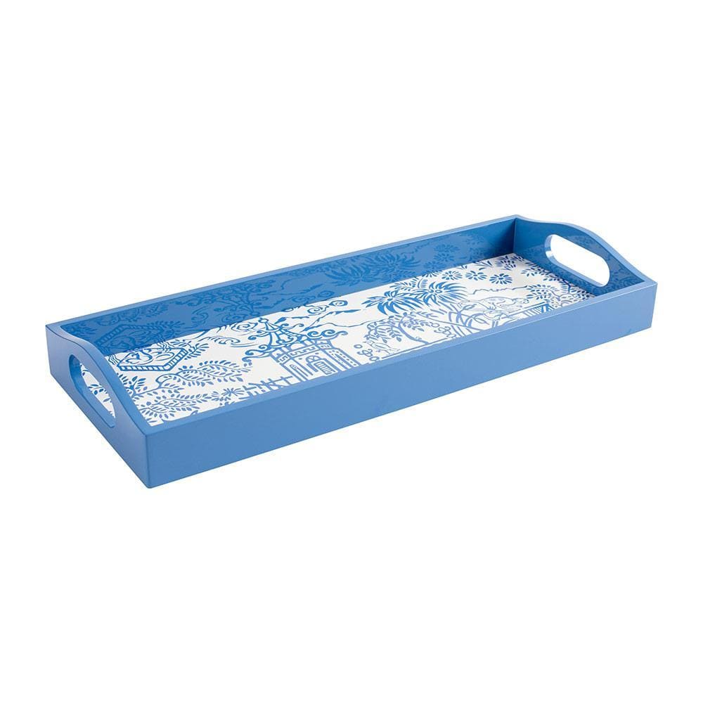 Pagoda Toile Lacquer Bar Tray in Blue