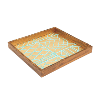 Bamboo Screen Gold/Robins Egg Bamboo Edge Lacquer Square Tray
