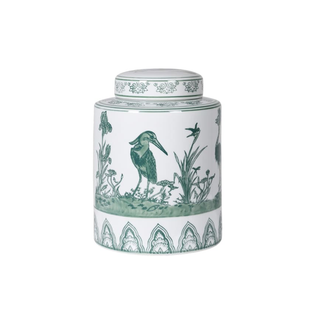 White and Sage Peacock Lidded Temple Jar