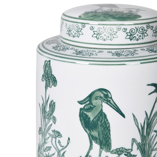 White and Sage Peacock Lidded Temple Jar