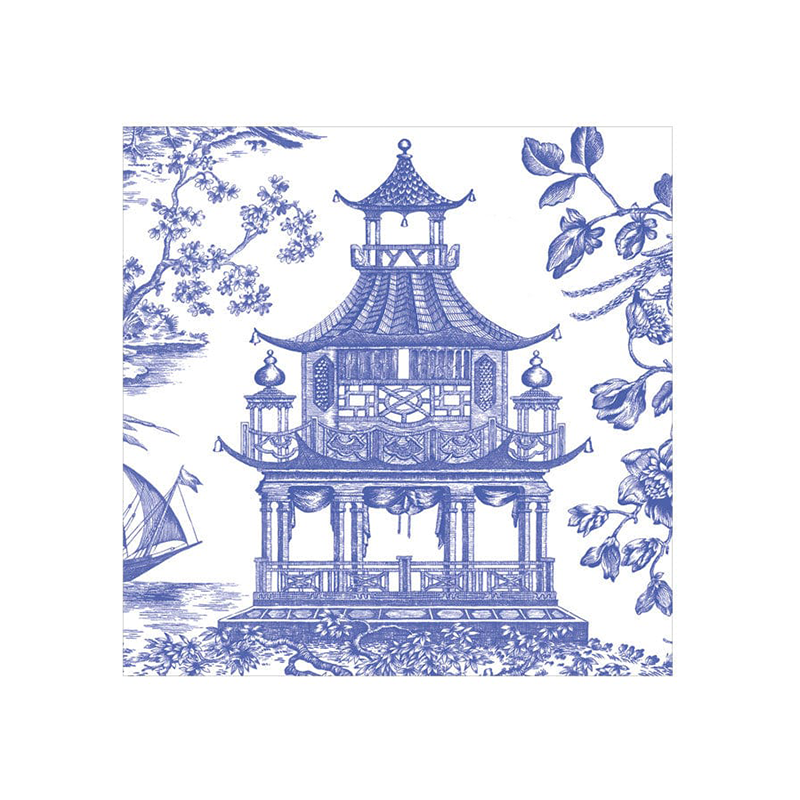 Chinoiserie Toile Pagoda Paper Cocktail Napkins in Blue 20pcs