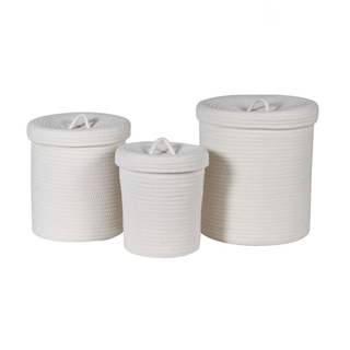 Set of 3 White Cotton Rope Lidded Baskets