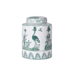 White and Sage Peacock Lidded Temple Jar
